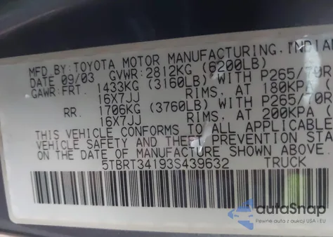 2003 Toyota Tundra Sr5 V8 from USA, damaged, VIN 5TBRT34193S439632